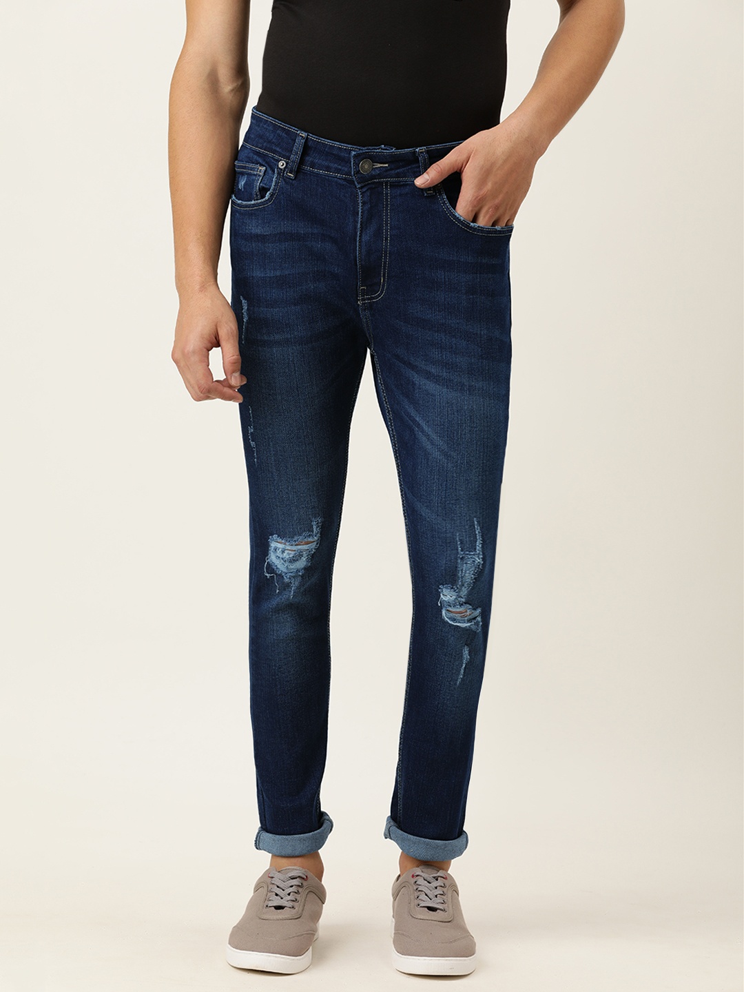 

FOREVER 21 Men Blue Mildly Distressed Light Fade Stretchable Jeans