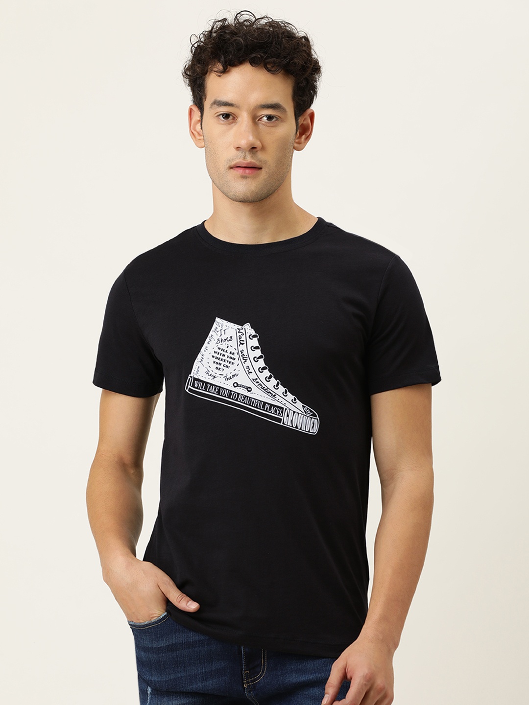 

FOREVER 21 Men Black & White Printed T-shirt