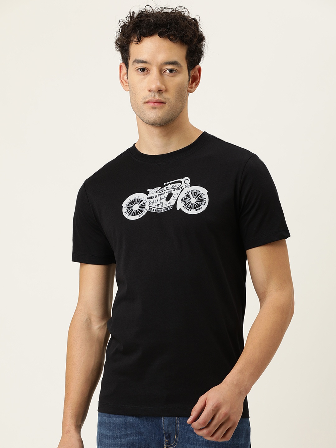 

FOREVER 21 Men Black & White Biker Printed T-shirt