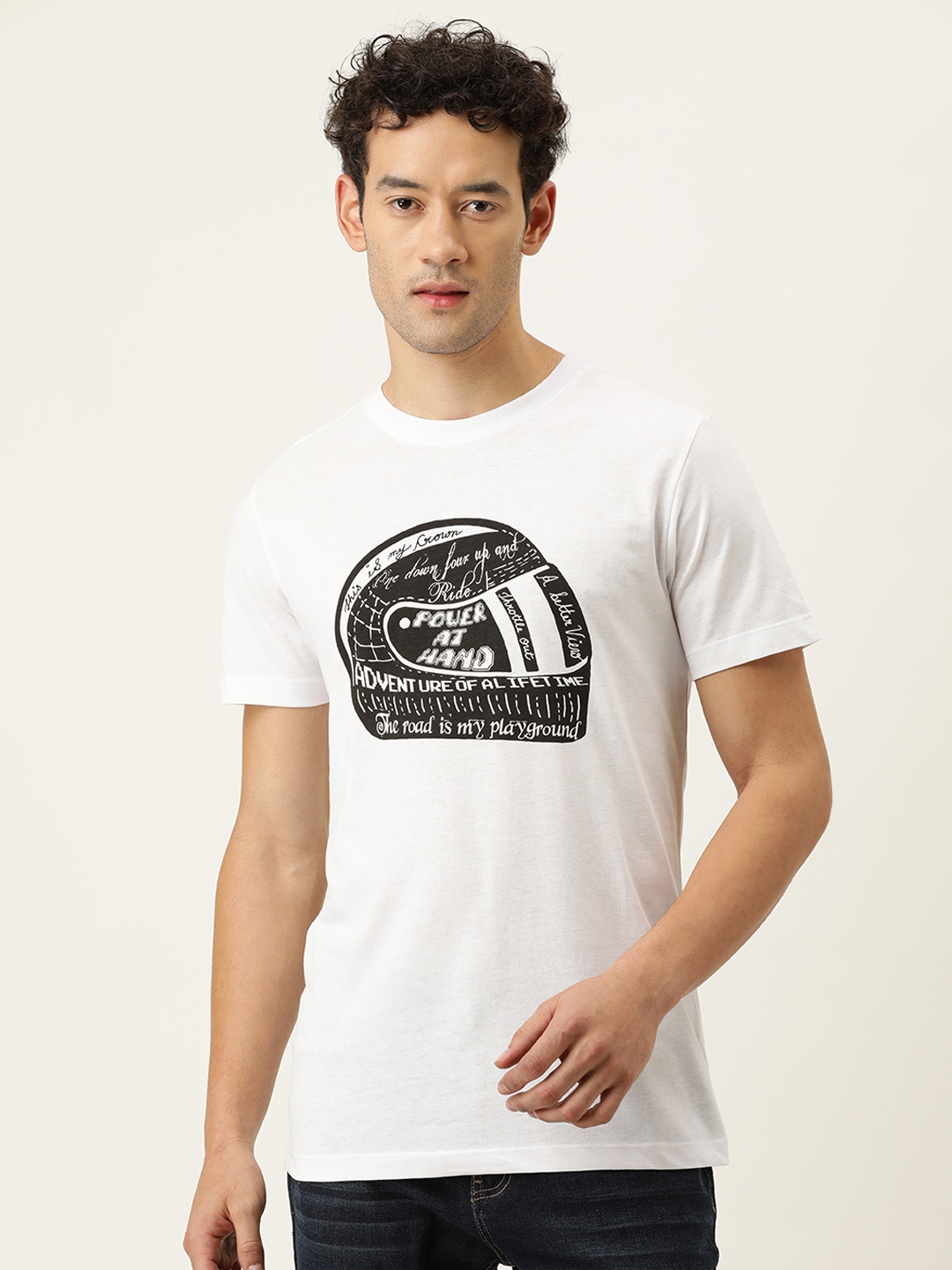 

FOREVER 21 Men White & Black Typography Printed T-shirt