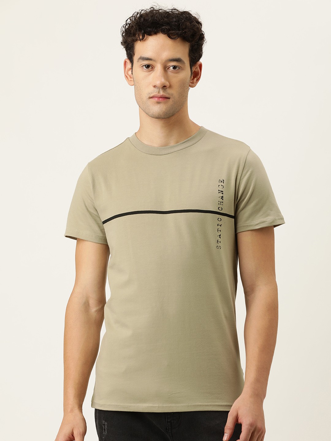 

FOREVER 21 Men Beige & Black Striped T-shirt