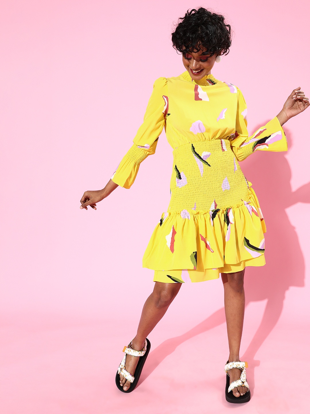 

SHECZZAR Yellow Crepe Waisted Dress