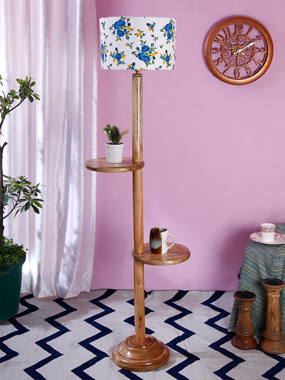 

Devansh White & Blue Printed Fabric Traditional Shelf Lamp with Shade