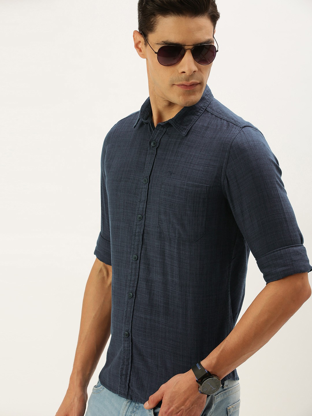 

Flying Machine Men Navy Blue Slim Fit Opaque Casual Shirt