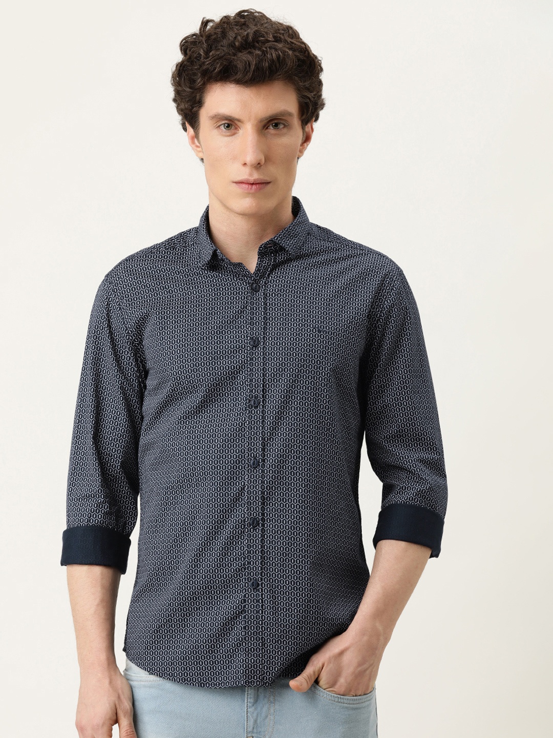 

Flying Machine Men Navy Blue Slim Fit Opaque Printed Pure Cotton Casual Shirt