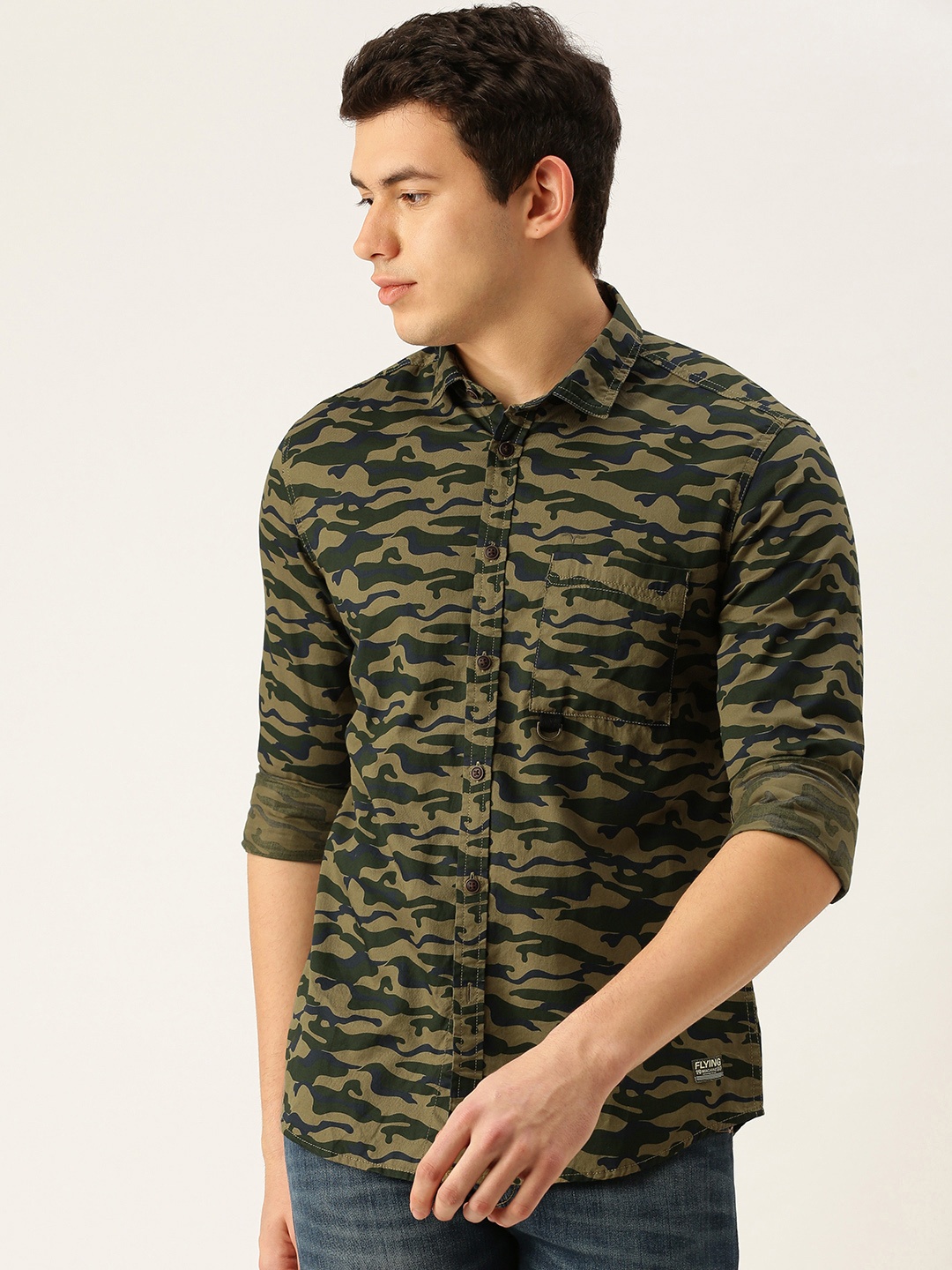 

Flying Machine Men Olive Green Camouflage Printed Regular Fit Pure Cotton Casual Shirt