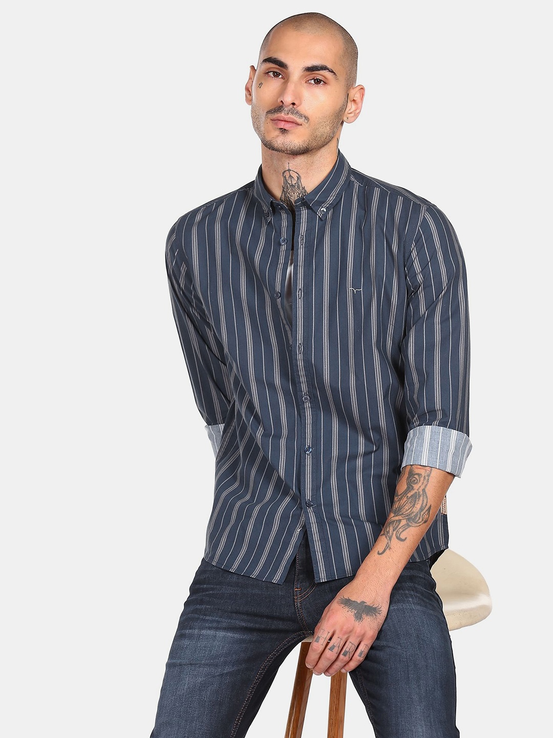 

Flying Machine Men Navy Blue & Grey Slim Fit Multi Stripes Cotton Casual Shirt