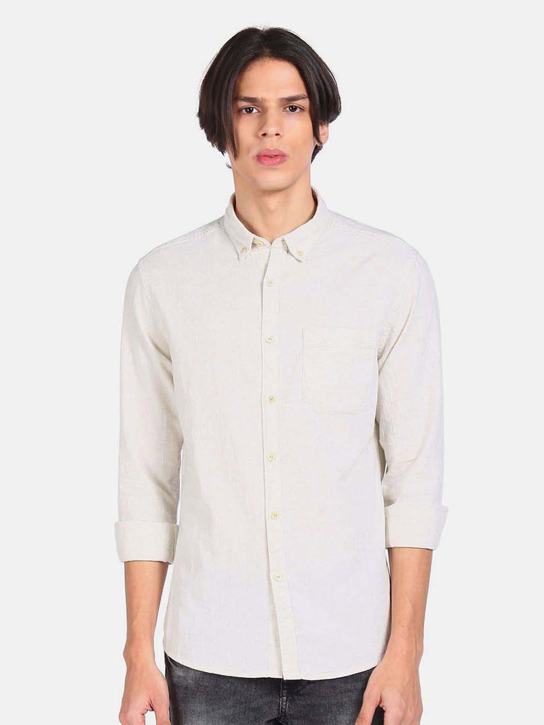 

Flying Machine Men Off-White Slim Fit Opaque Casual Shirt