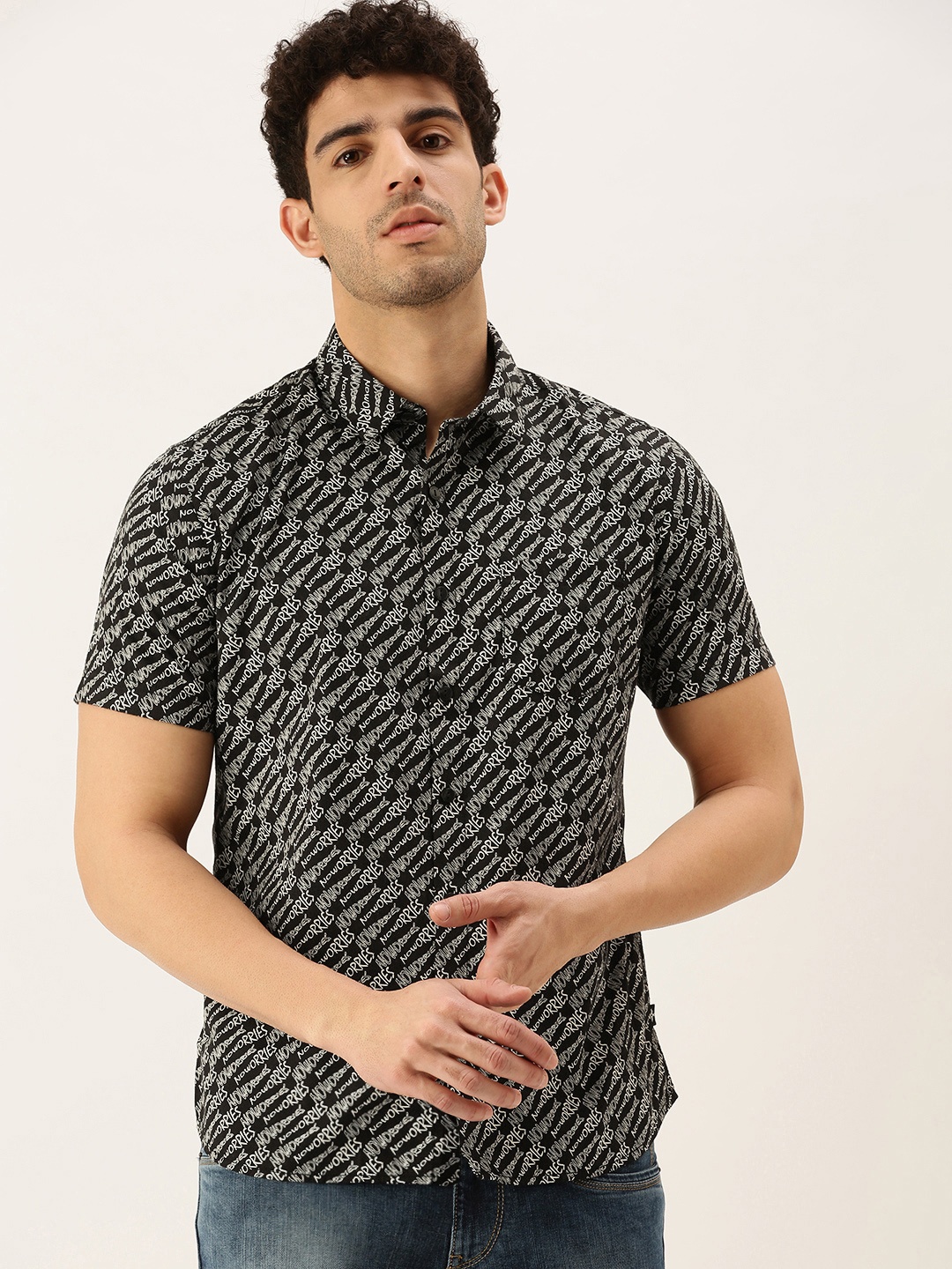

Flying Machine Men Black Slim Fit Typography Printed Opaque Casual Shirt with Chest Pocket