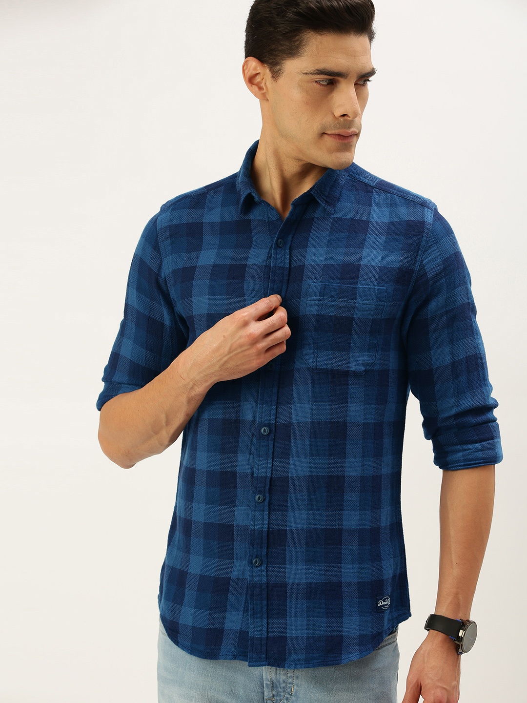 

Flying Machine Men Navy Blue Checked Regular Fit Casual Shirt