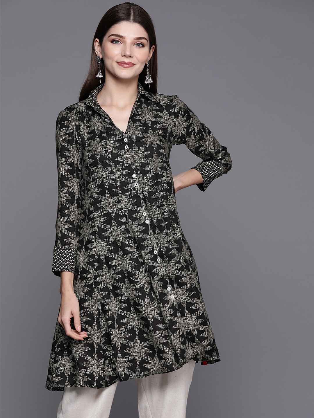 

Biba Women Black & Off White Ethnic Motifs Printed A-Line Kurta