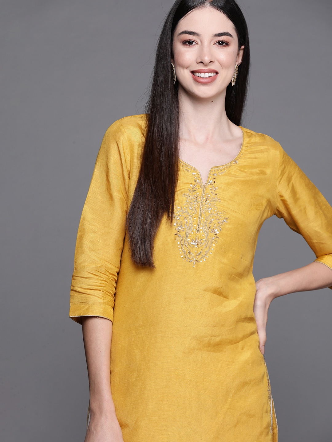 

Biba Women Mustard Yellow & Golden Yoke Design Sequinned Kurti
