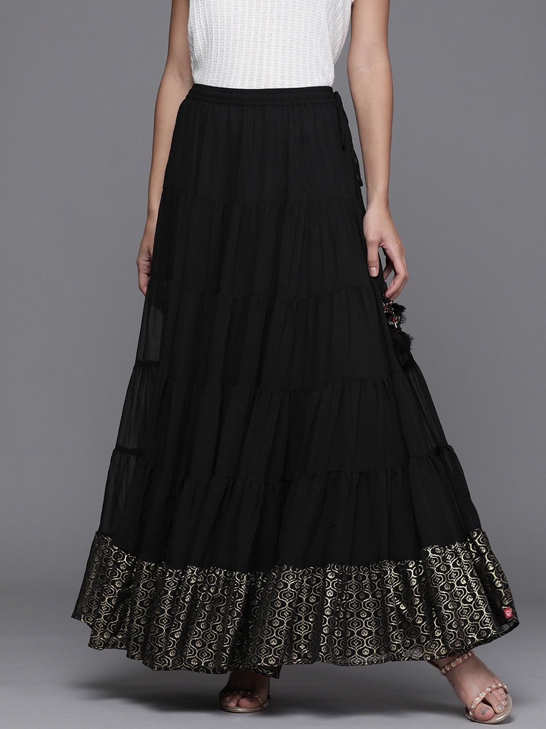 

Biba Women Black & Golden Solid Maxi Tiered Skirt with Printed Detail