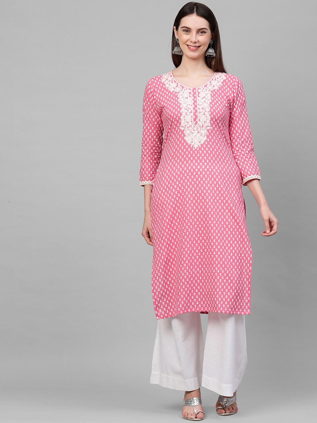 

FASHOR Women Pink Floral Yoke Design Thread Work Kurta