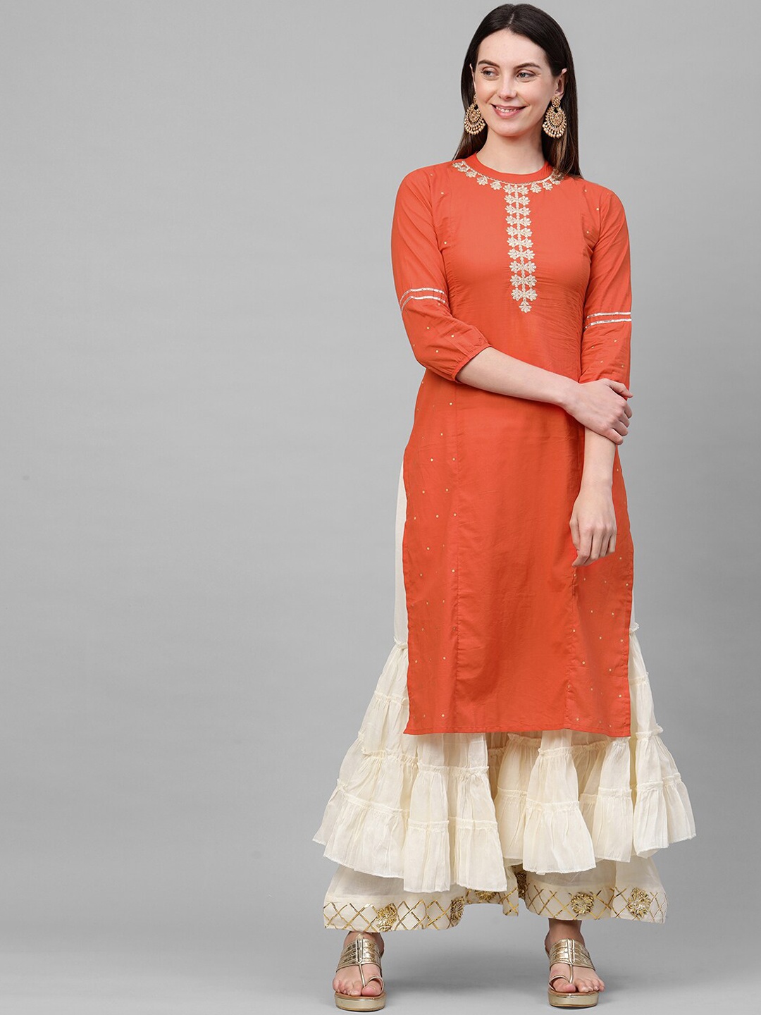 

FASHOR Women Orange Embroidered Gotta Patti Kurta