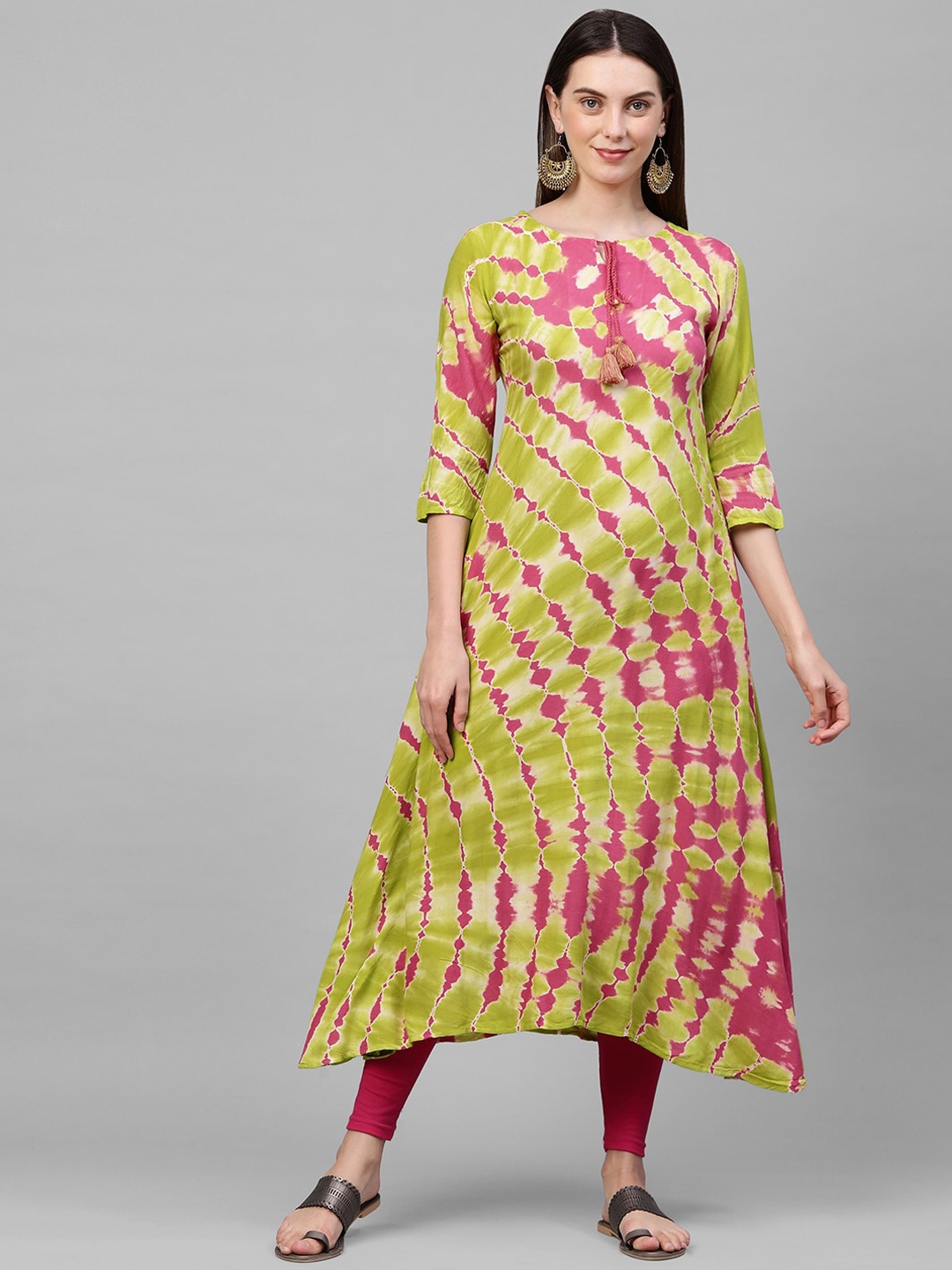 

FASHOR Women Green & Pink Floral Printed Kurta
