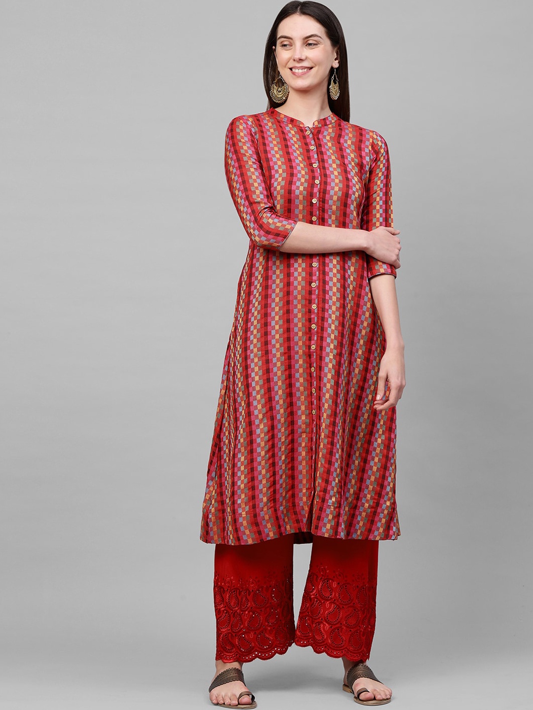 

FASHOR Women Red Geometric Printed Kurta