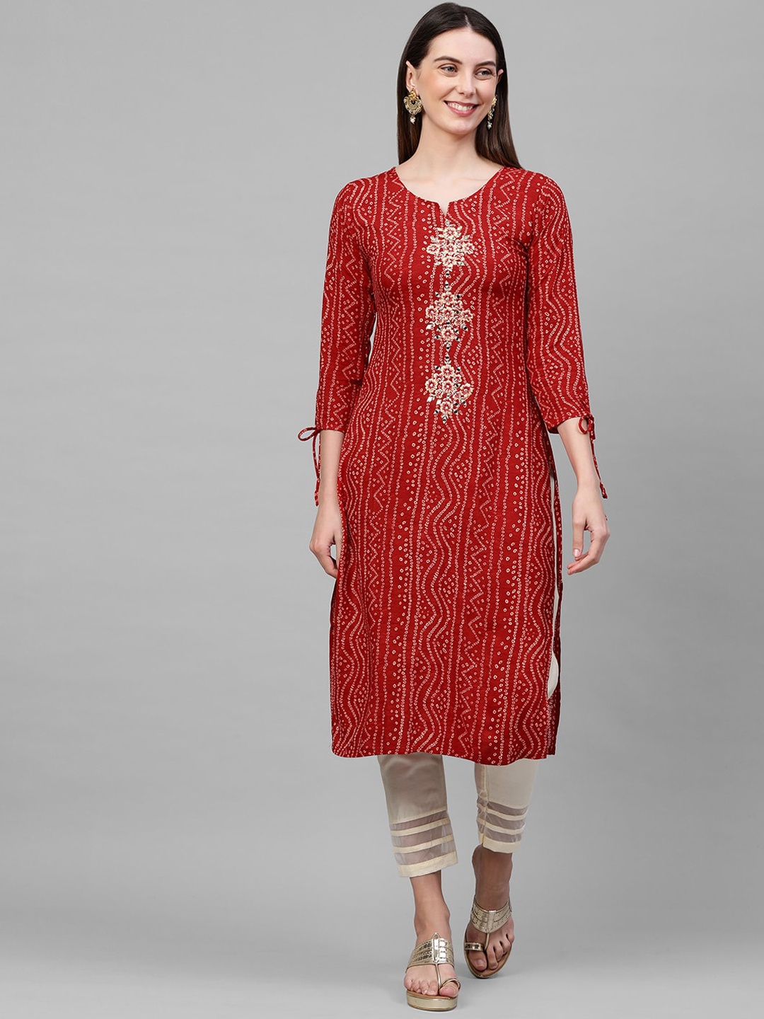 

FASHOR Women Red Bandhani Yoke Design Thread Work Kurta