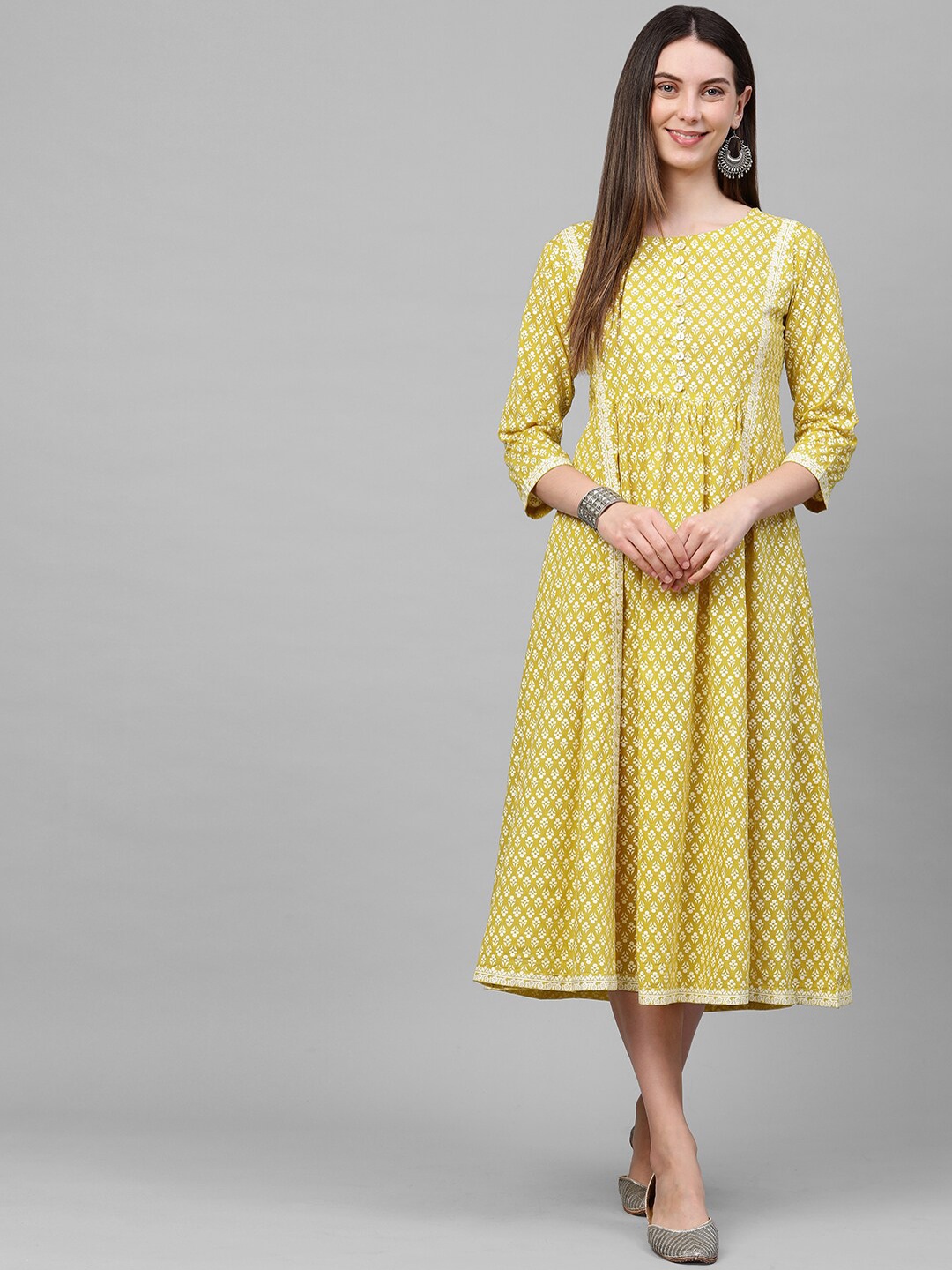 

FASHOR Mustard Yellow Ethnic Motifs A-Line Midi Dress