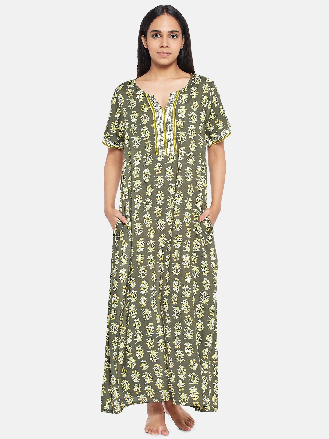 

RANGMANCH BY PANTALOONS Olive Green Printed Maxi Nightdress