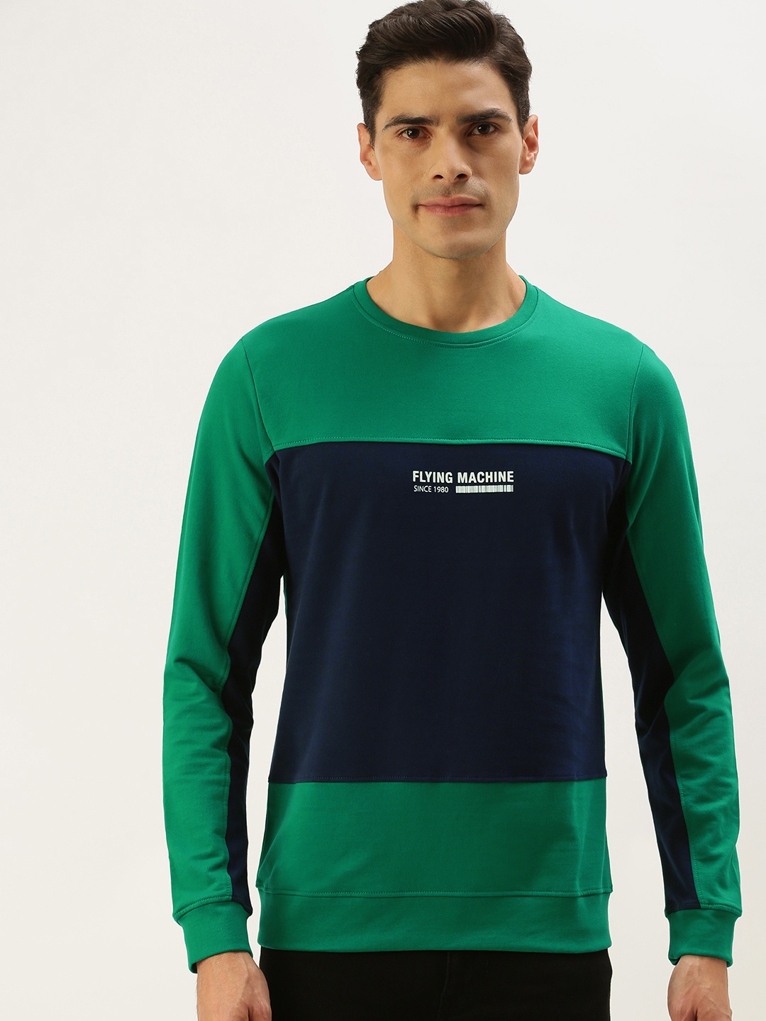 

Flying Machine Men Green & Navy Blue Colourblocked Sweatshirt