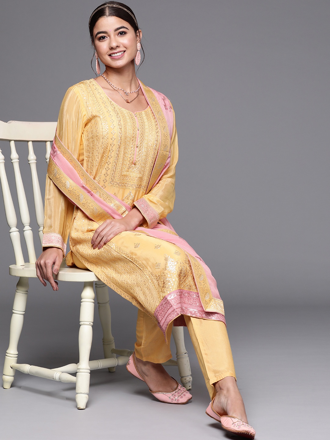 

Biba Women Yellow & Pink Embellished Raw Silk Unstitched Dress Material