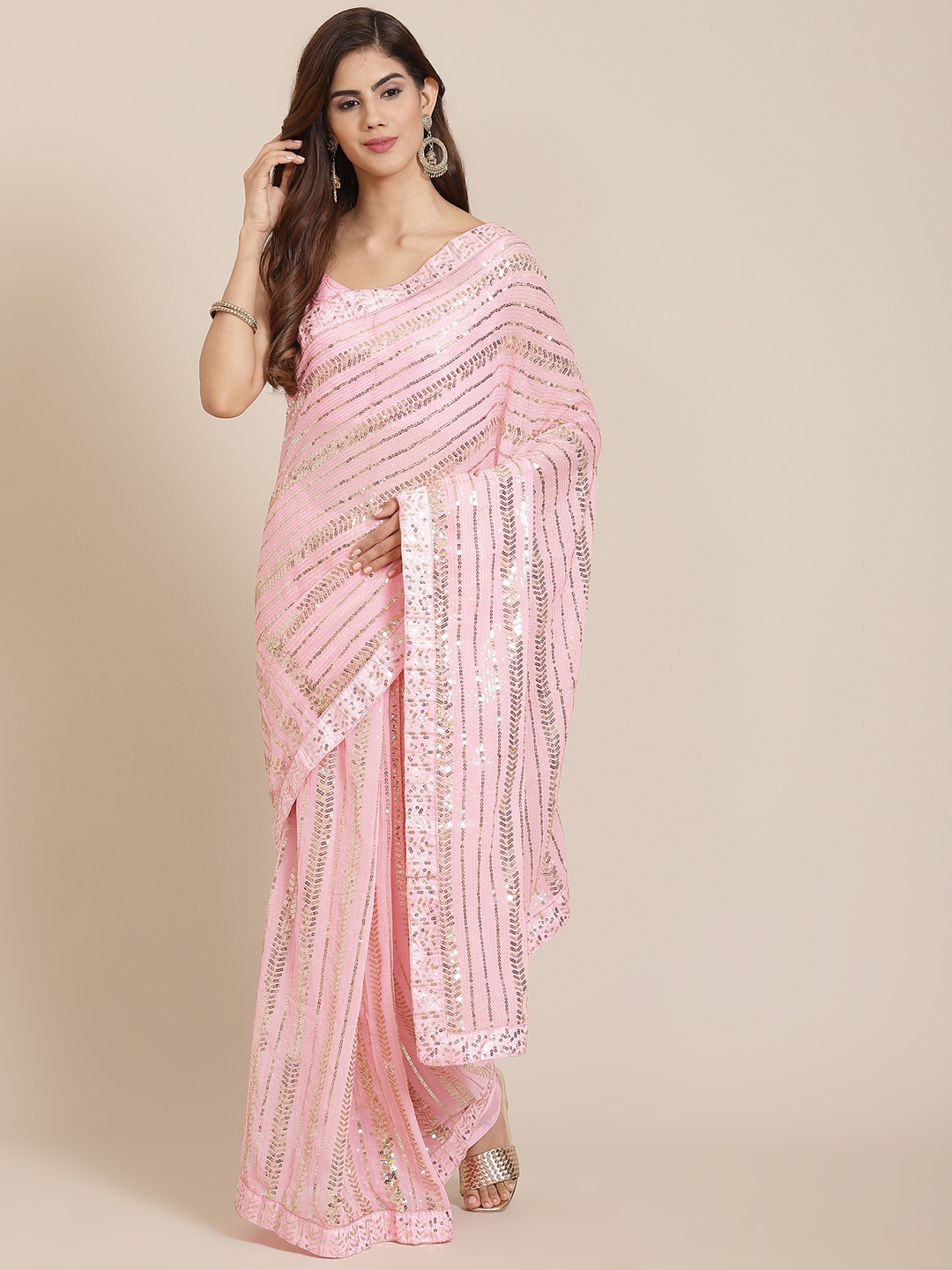 

Mitera Pink Embellished Sequinned Pure Georgette Saree