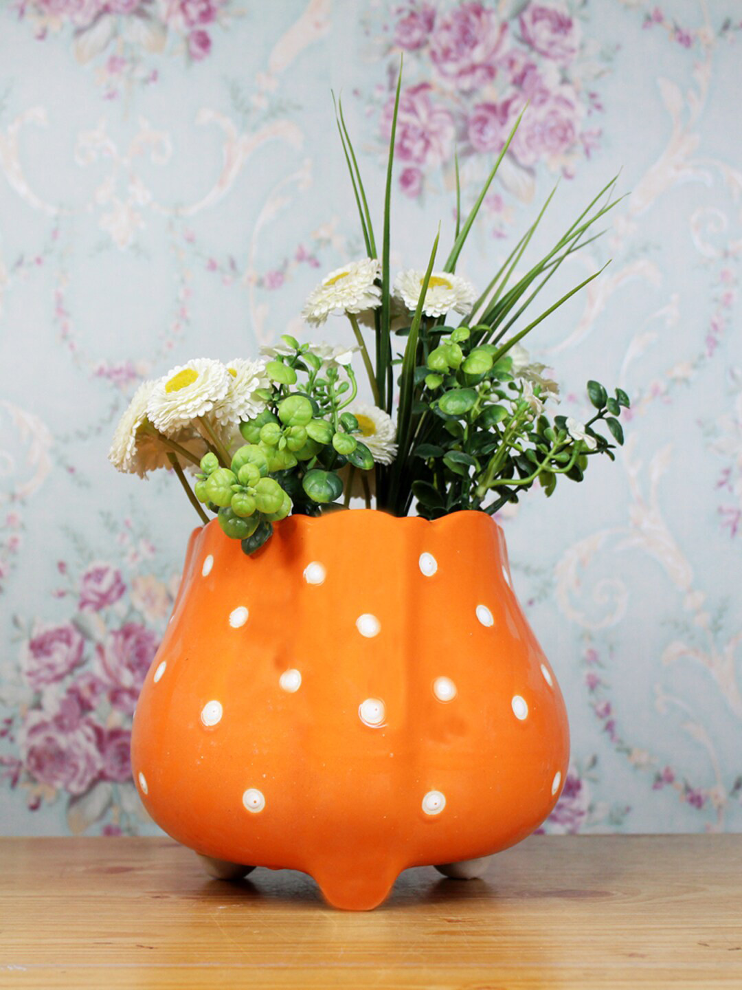 

Wonderland Orange & White Polka Dot Printed Flower Shape Pot