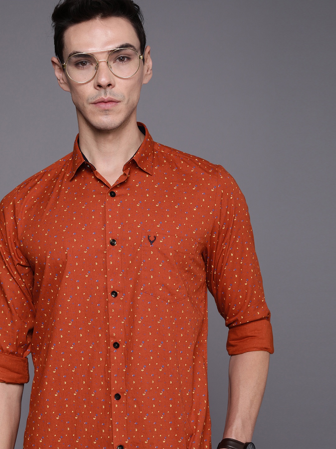 

Allen Solly Men Rust Orange & Yellow Modern Fit Floral Printed Opaque Casual Shirt