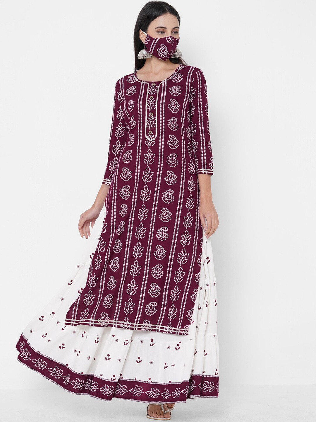 

FASHOR Women Maroon Bandhani Printed High Slit Kurta with Skirt