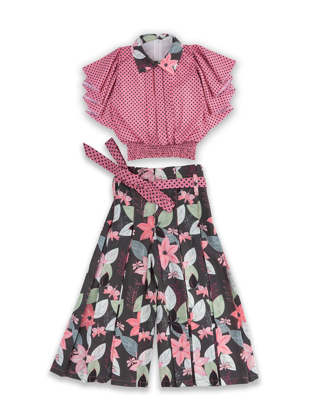 

ADIVA Girls Pink & Brown Polka Dots Printed Top With Palazzos