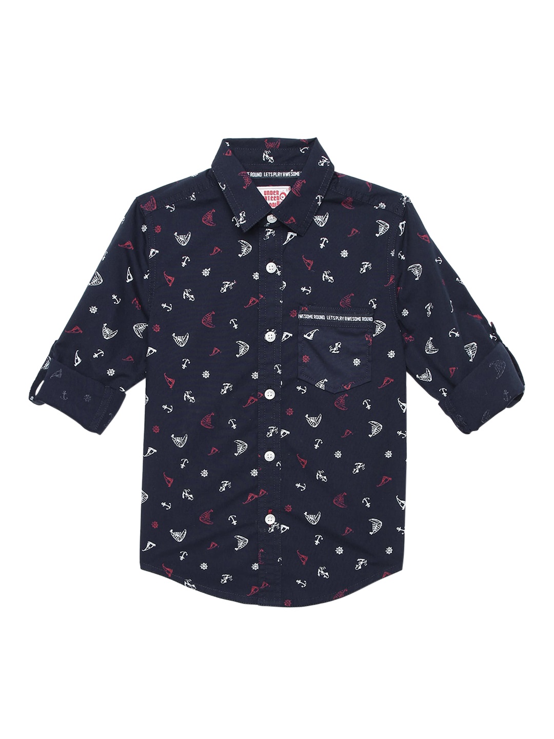 

UNDER FOURTEEN ONLY Boys Navy Blue Conversational Printed Casual Shirt