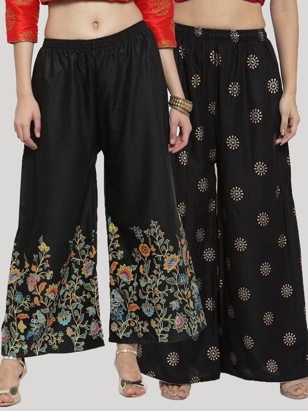 

Clora Creation Women Pack of 2 Floral Printed Knitted Ethnic Palazzos, Black