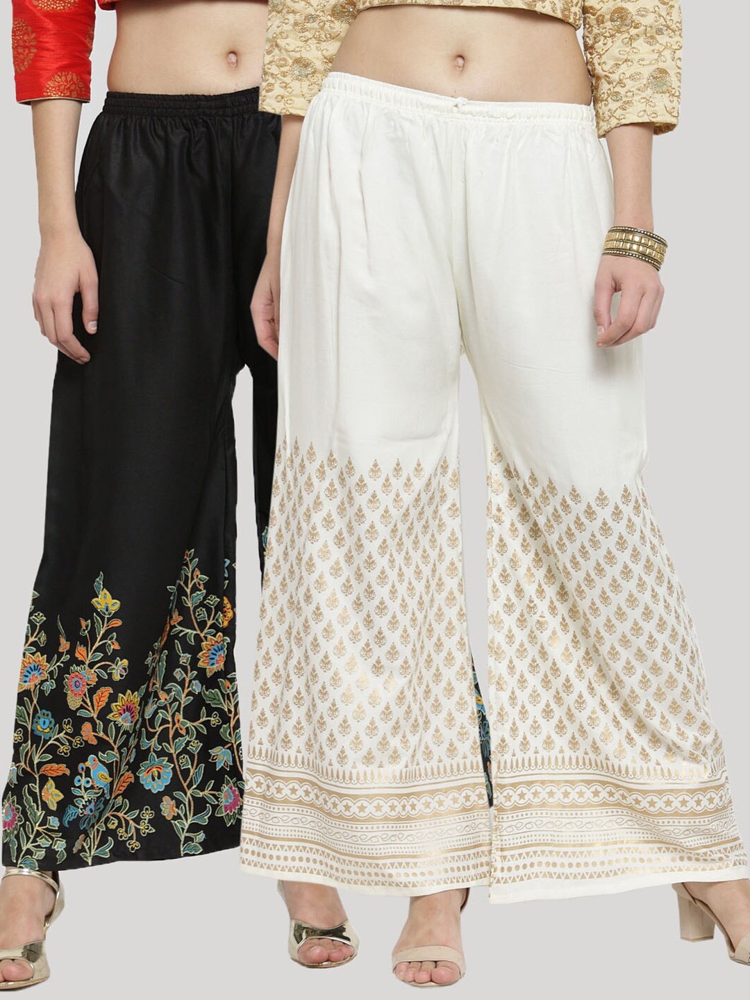 

Clora Creation Women Pack of 2 Floral Printed Knitted Ethnic Palazzos, White