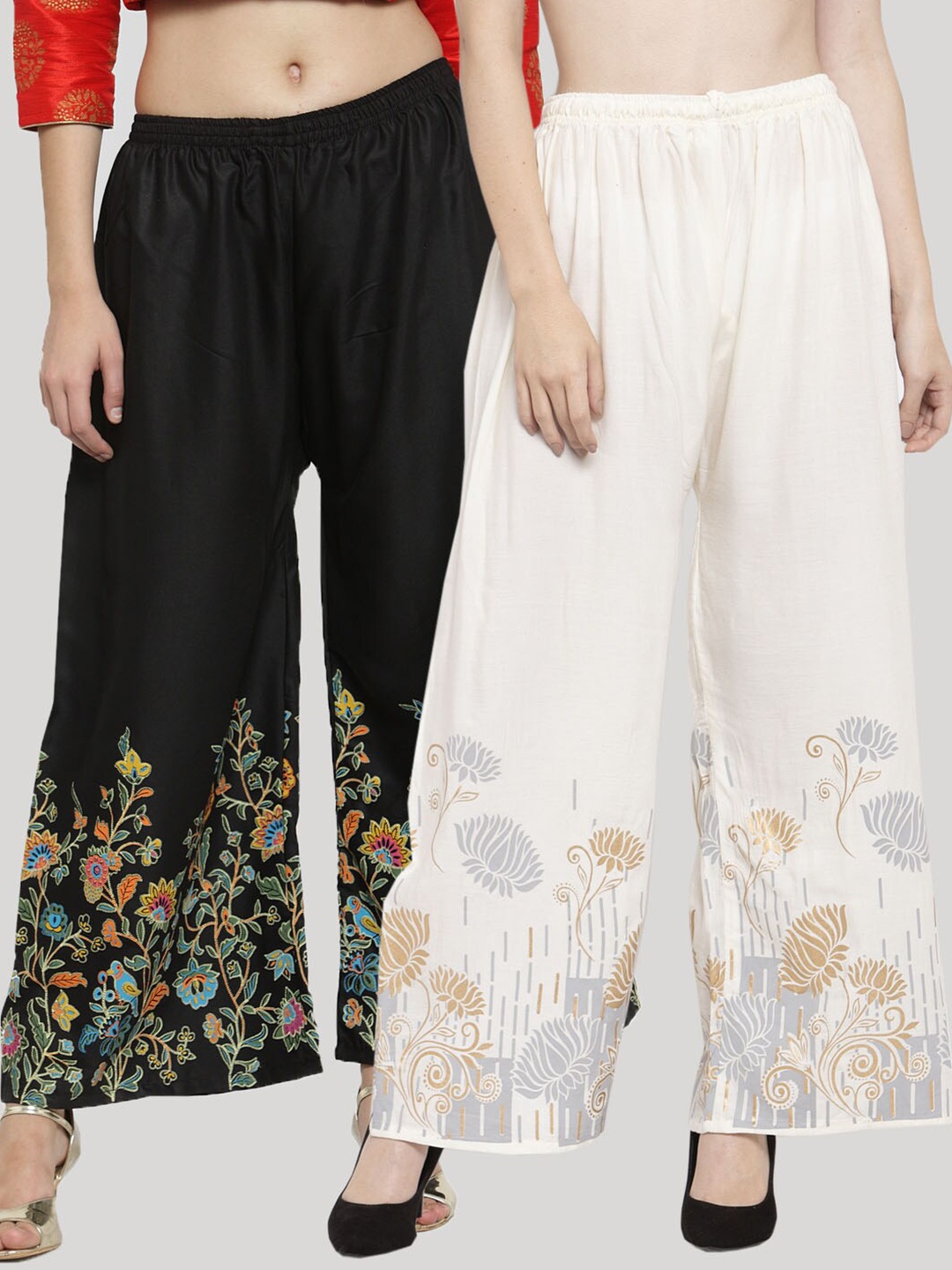 

Clora Creation Women Pack of 2 Floral Printed Knitted Ethnic Palazzos, Black