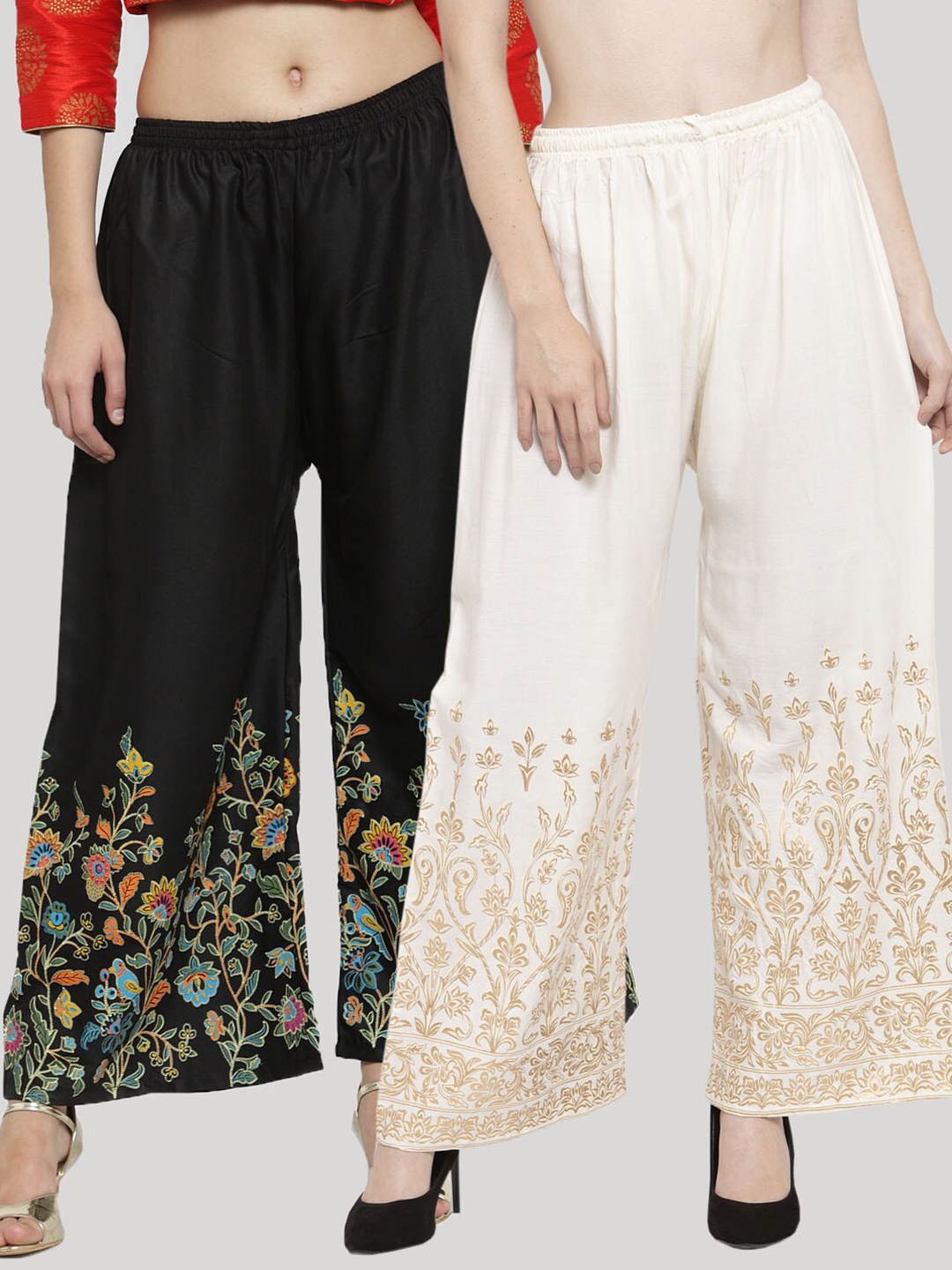 

Clora Creation Women Pack of 2 Floral Printed Knitted Ethnic Palazzos, Black