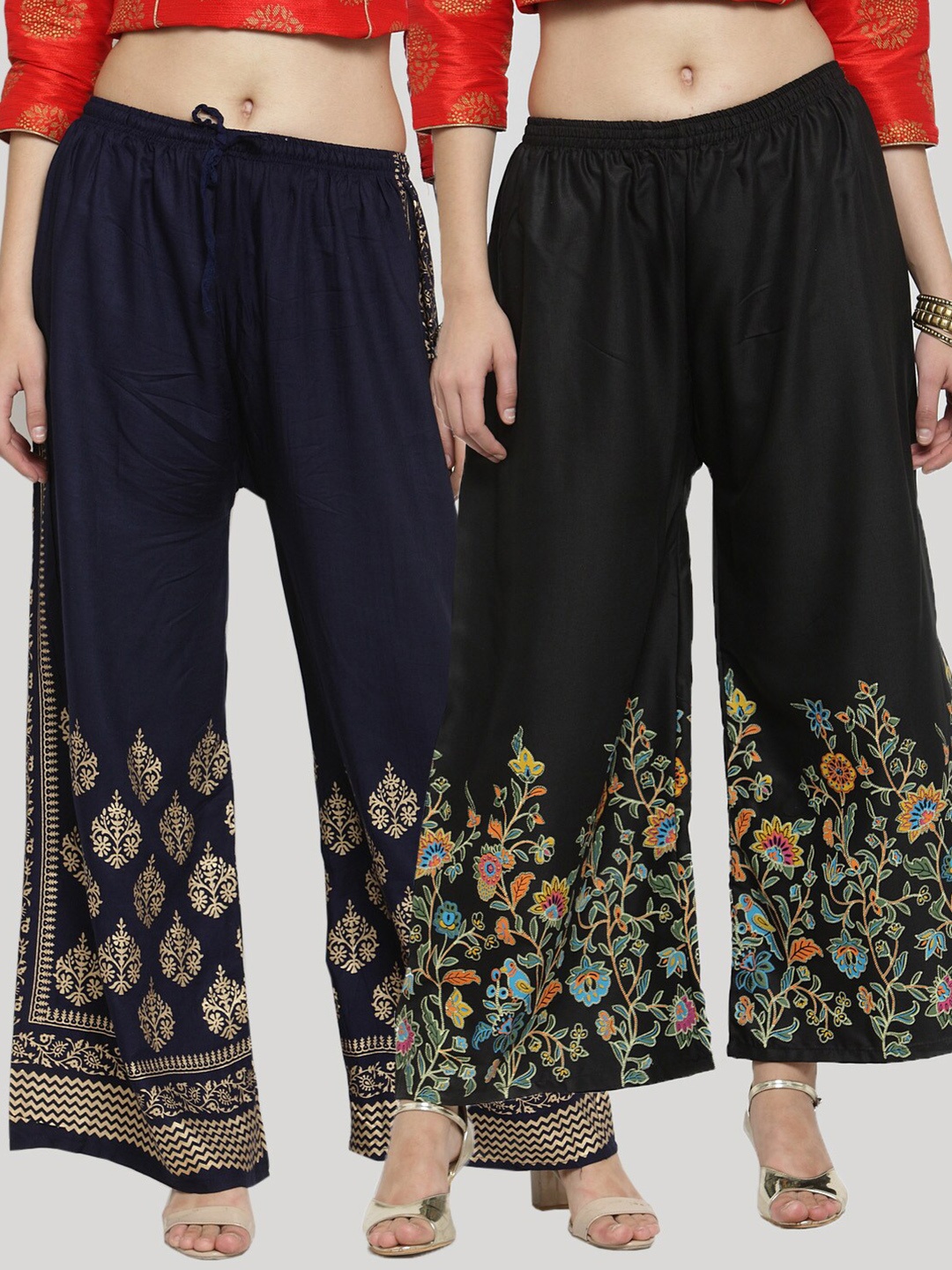 

Clora Creation Women Pack of 2 Floral Printed Knitted Ethnic Palazzos, Navy blue