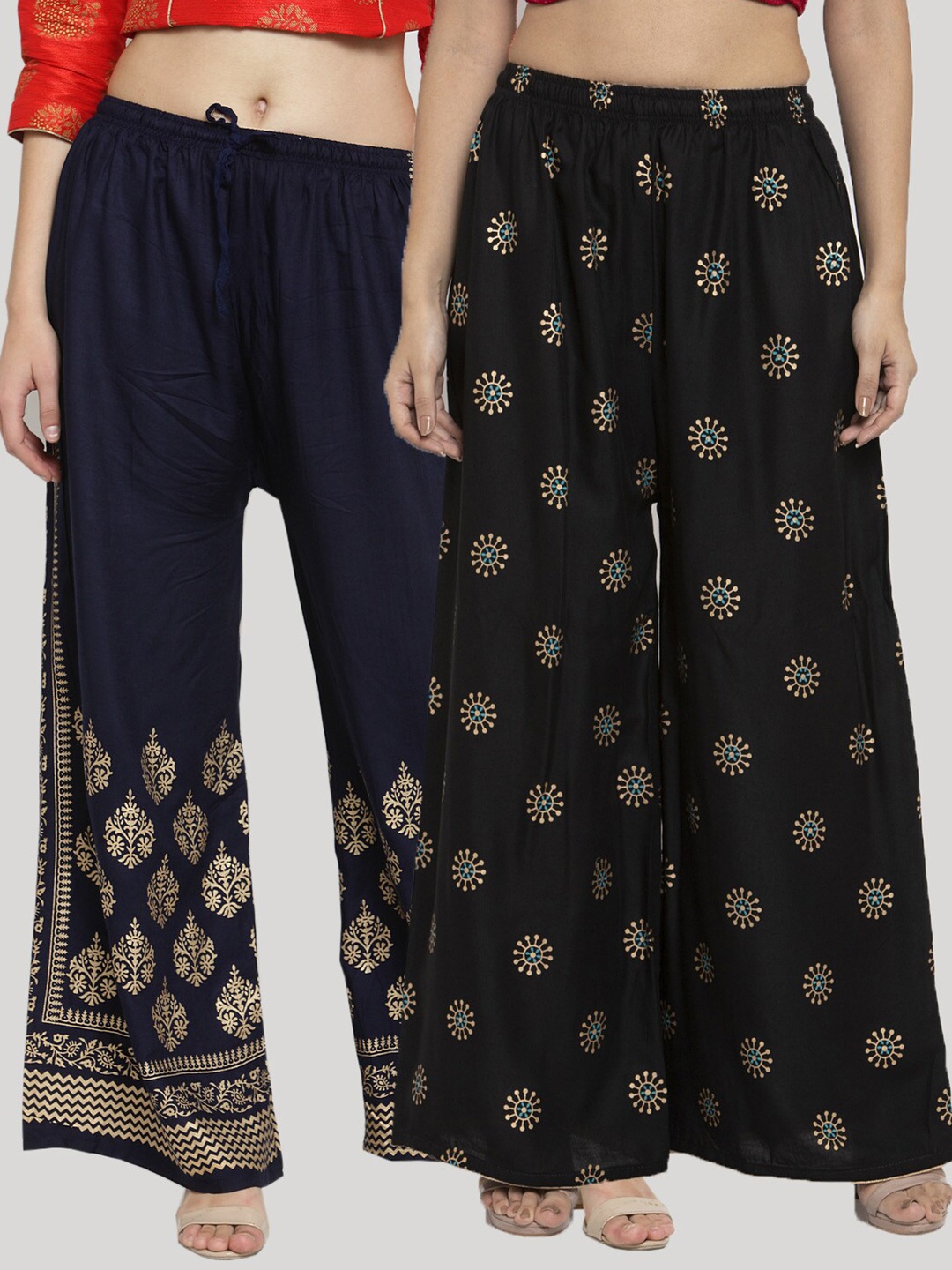 

Clora Creation Women Pack of 2 Floral Printed Knitted Ethnic Palazzos, Navy blue