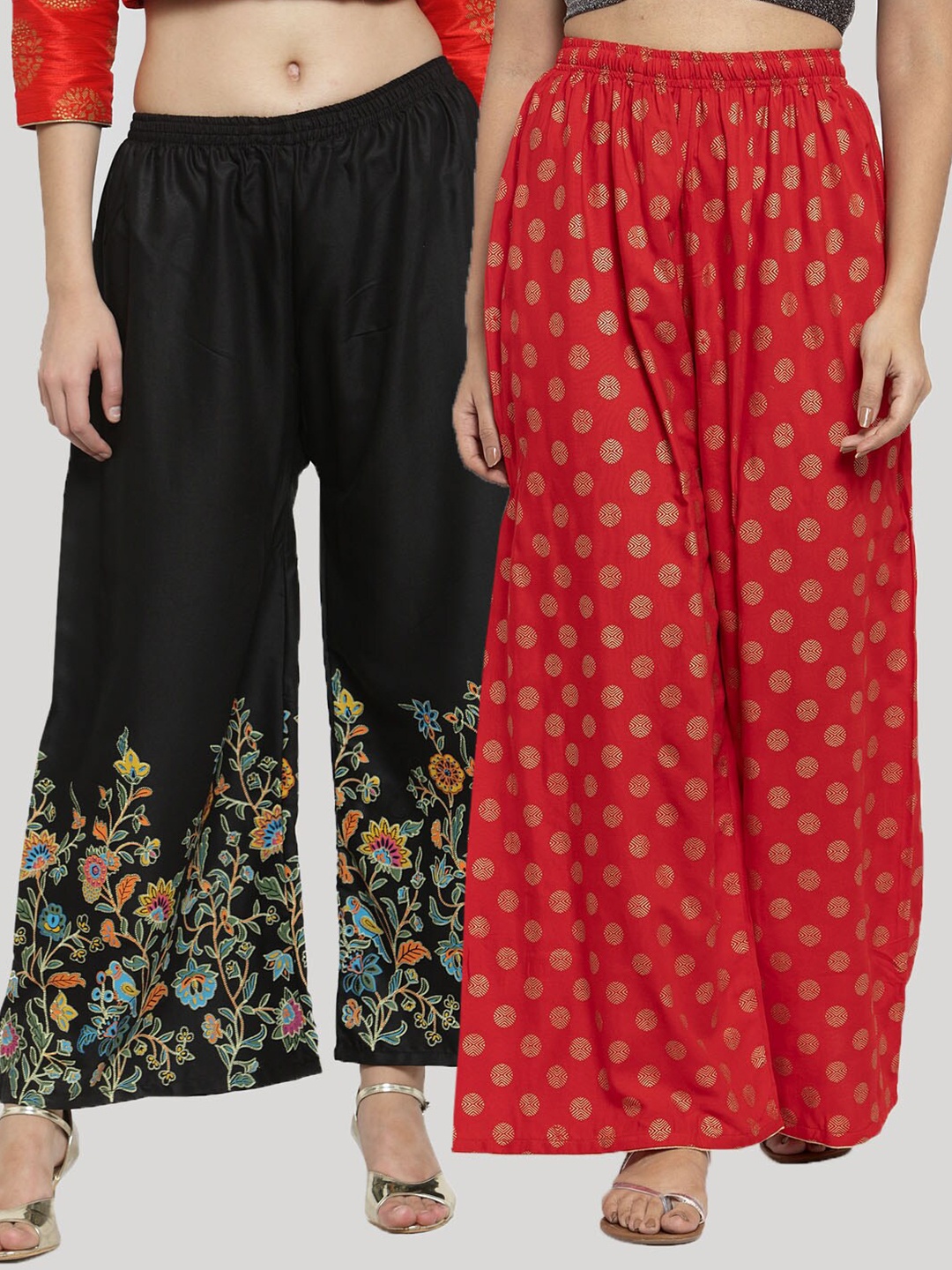 

Clora Creation Women Pack of 2 Floral Printed Knitted Ethnic Palazzos, Red