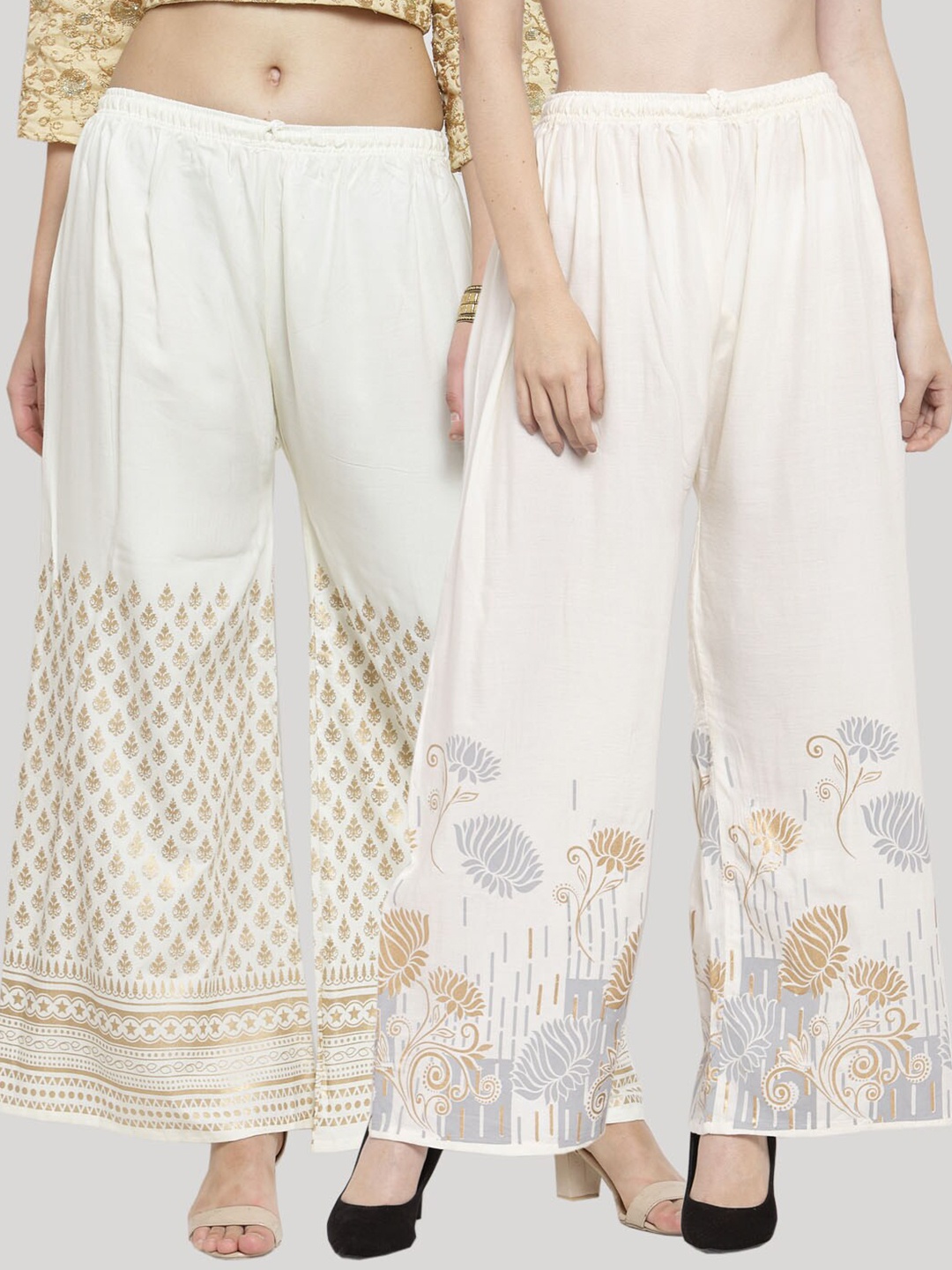 

Clora Creation Women Pack of 2 Floral Printed Knitted Ethnic Palazzos, Cream