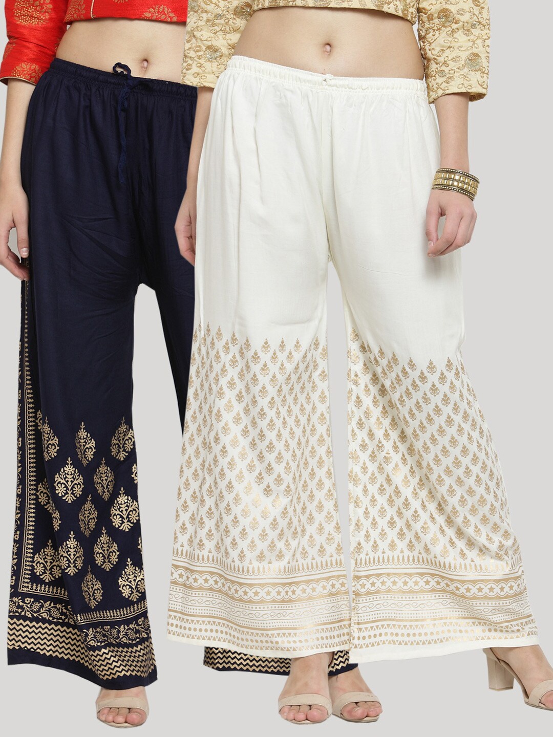 

Clora Creation Women Pack of 2 Floral Printed Knitted Ethnic Palazzos, Navy blue