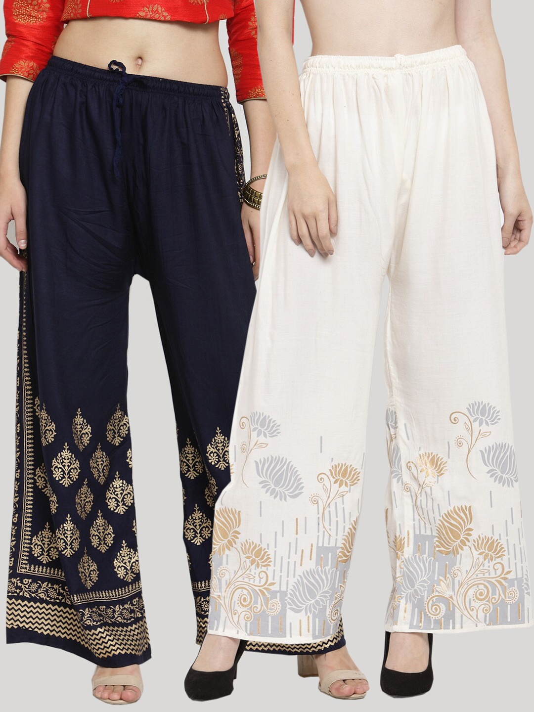 

Clora Creation Women Pack of 2 Floral Printed Knitted Ethnic Palazzos, Navy blue