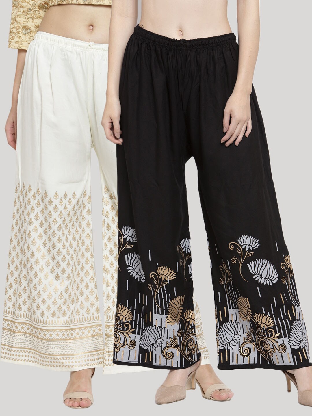 

Clora Creation Women Pack of 2 Floral Printed Knitted Ethnic Palazzos, White