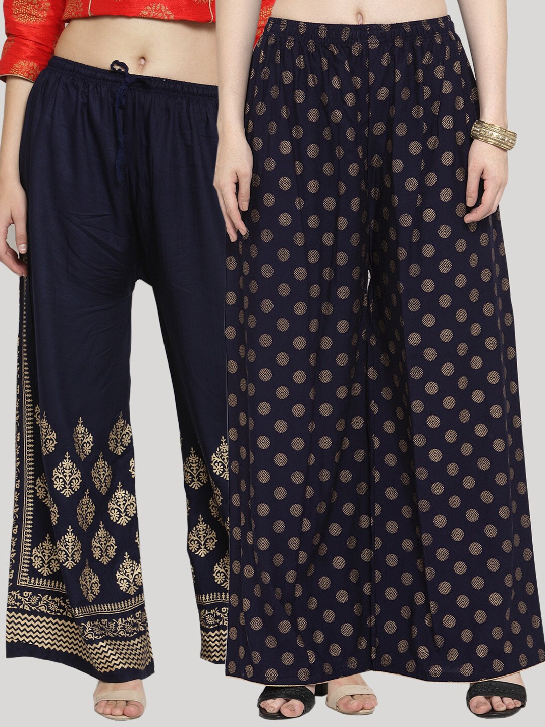 

Clora Creation Women Pack of 2 Floral Printed Knitted Ethnic Palazzos, Navy blue