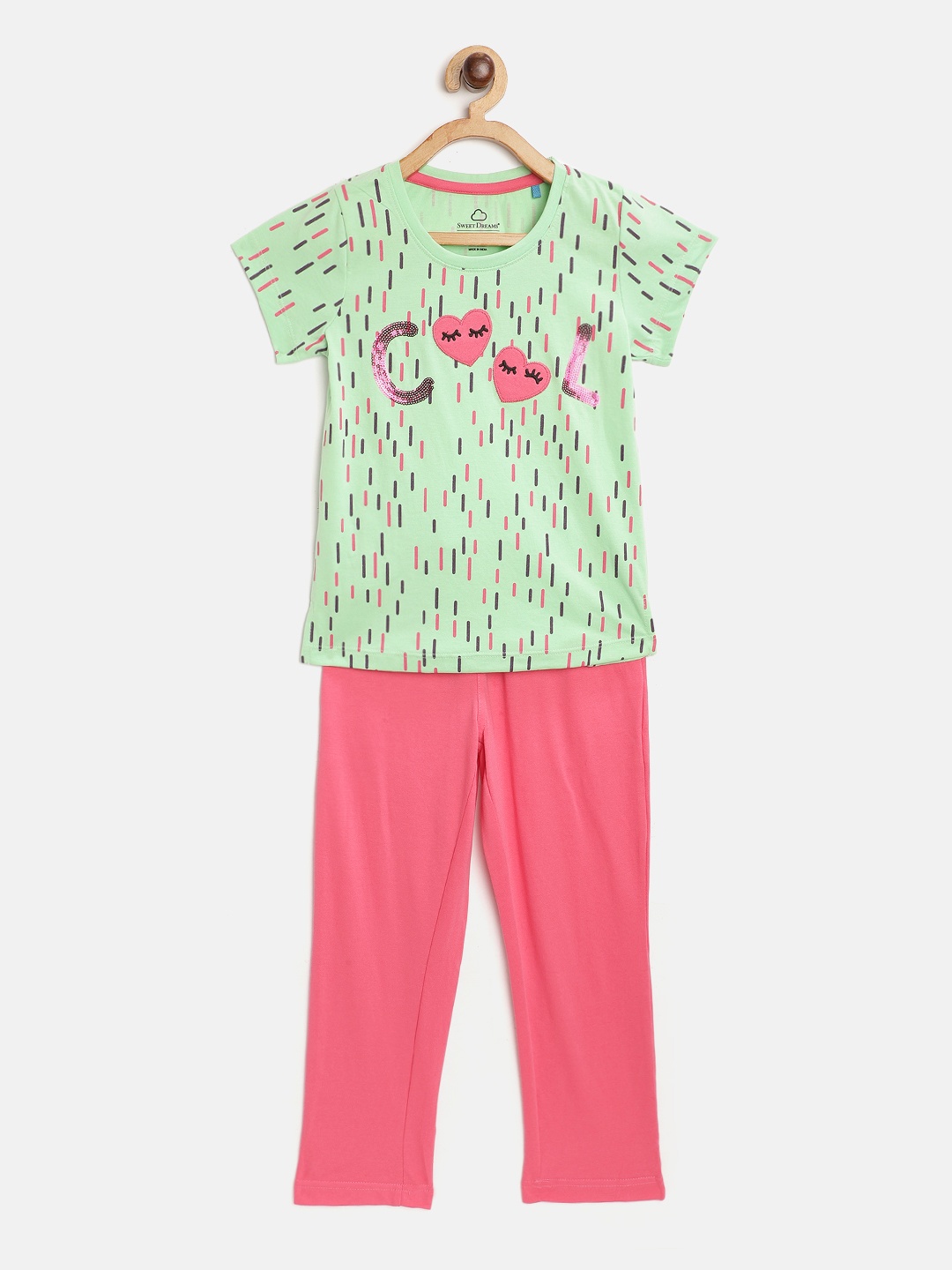 

Sweet Dreams Girls Green & Pink Printed Pyjamas Set with Applique & Sequinned Detail