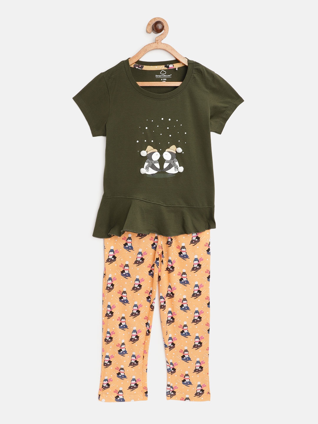 

Sweet Dreams Girls Olive Green & Peach-Coloured Printed Pyjama Set