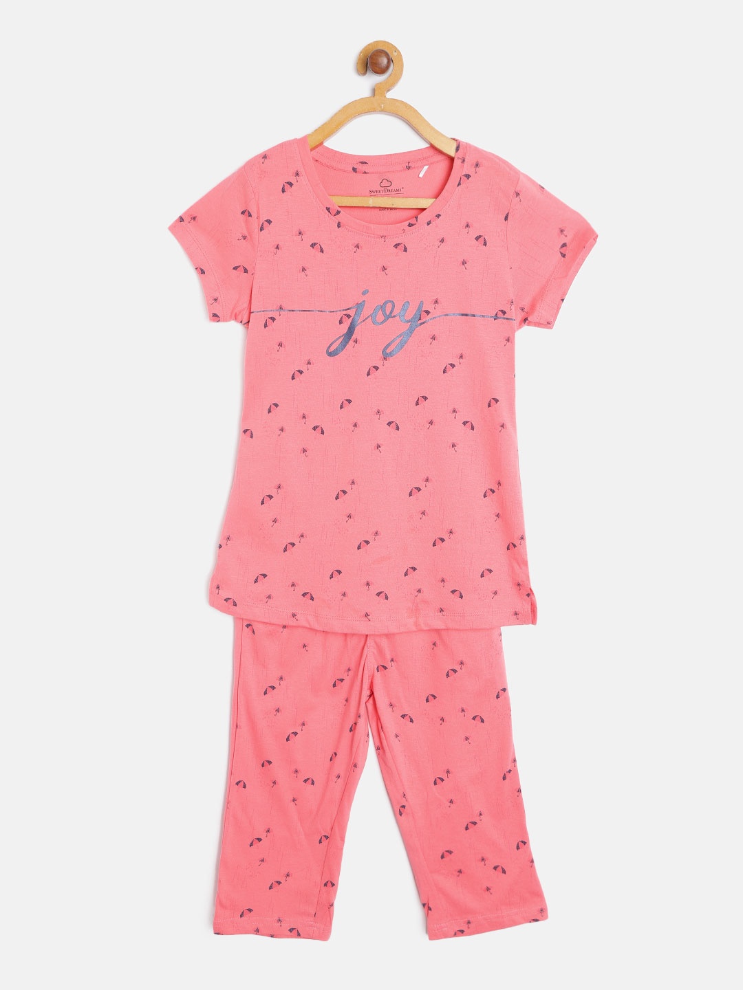 

Sweet Dreams Girls Coral Pink & Navy Blue Pure Cotton Printed Night Suit