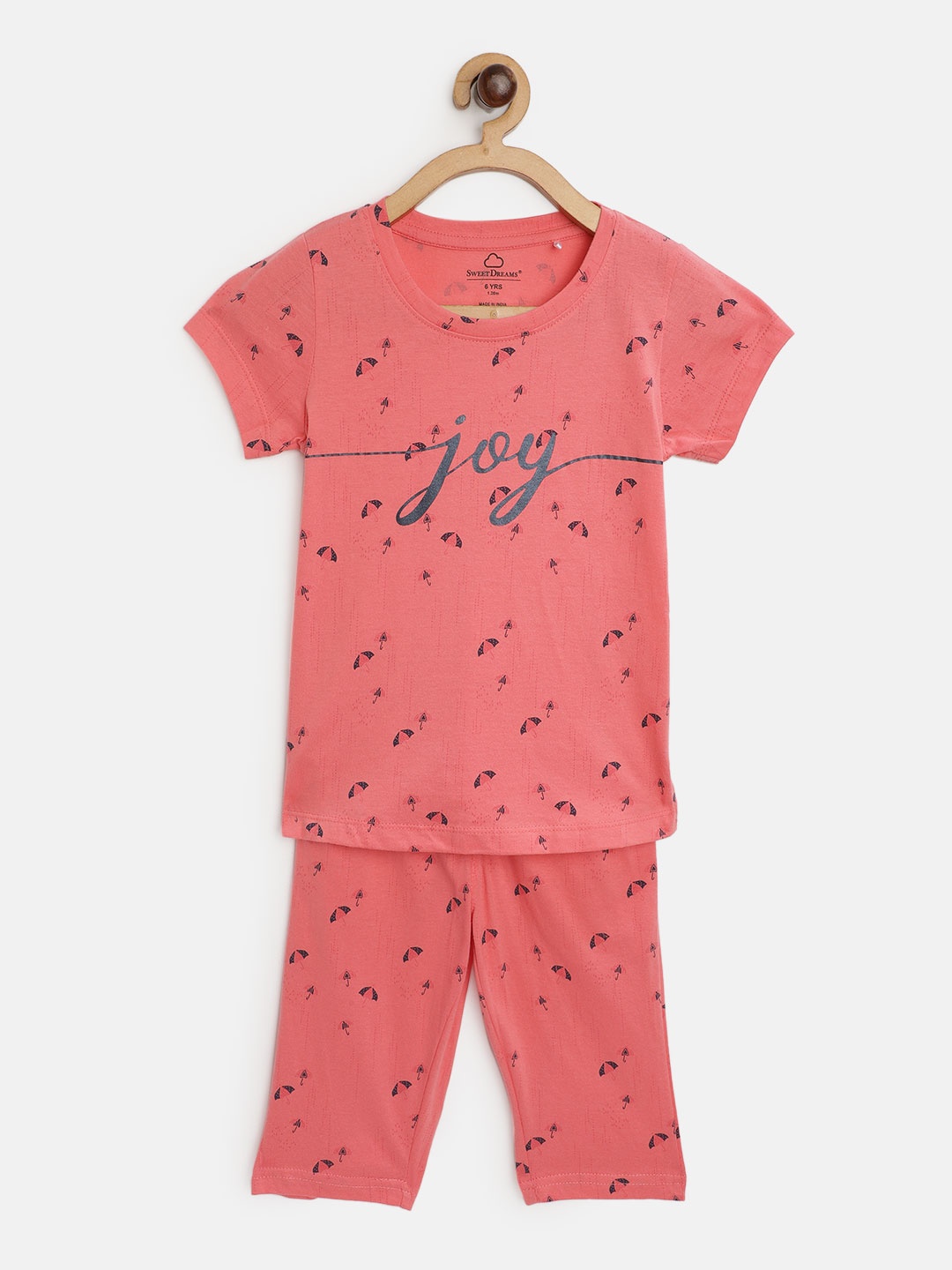 

Sweet Dreams Girls Coral Pink & Navy Blue Umbrella Printed Pure Cotton Capri Set