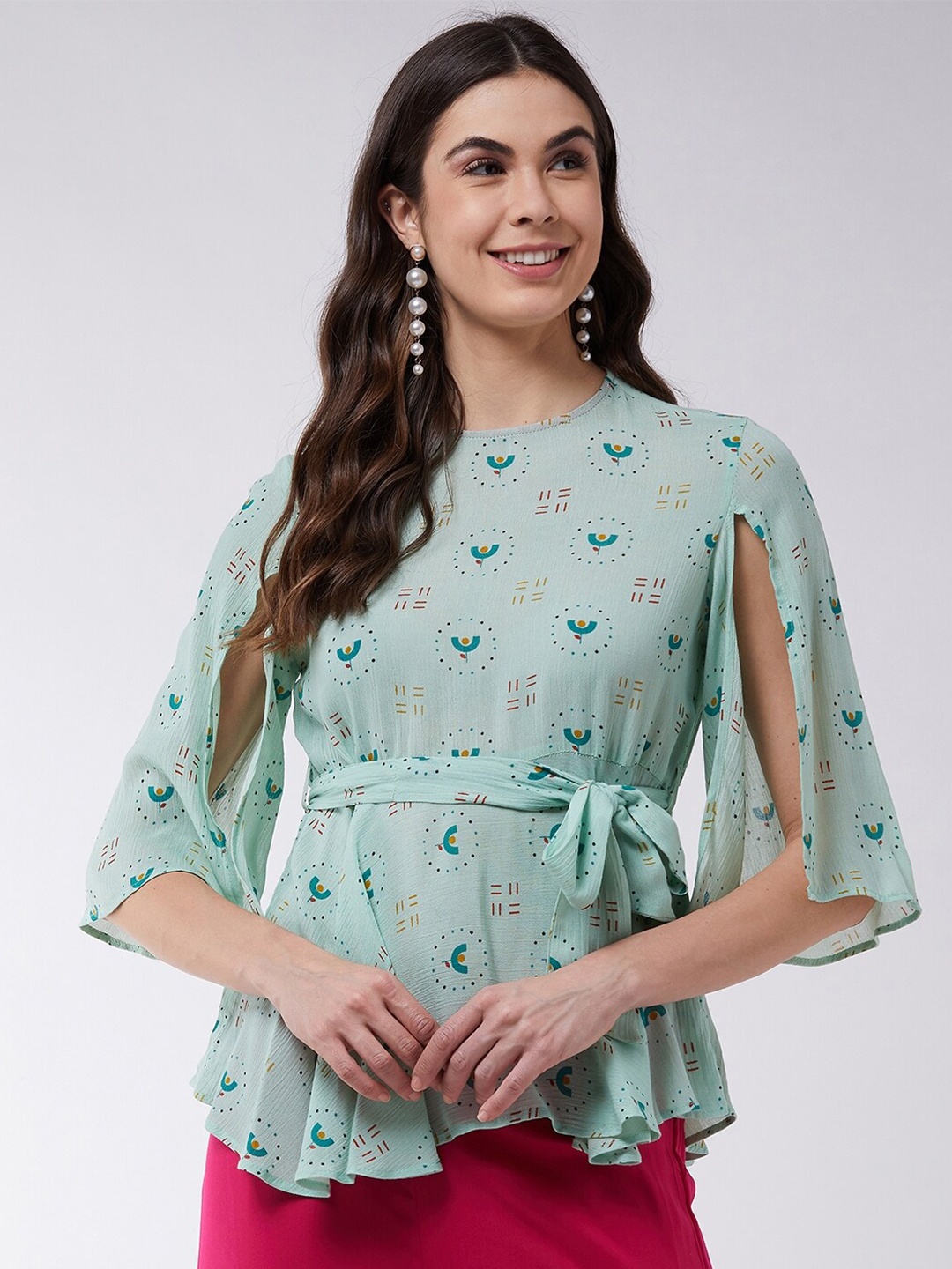 

Pannkh Women Sea Green Tie-Ups Cinched Waist Top