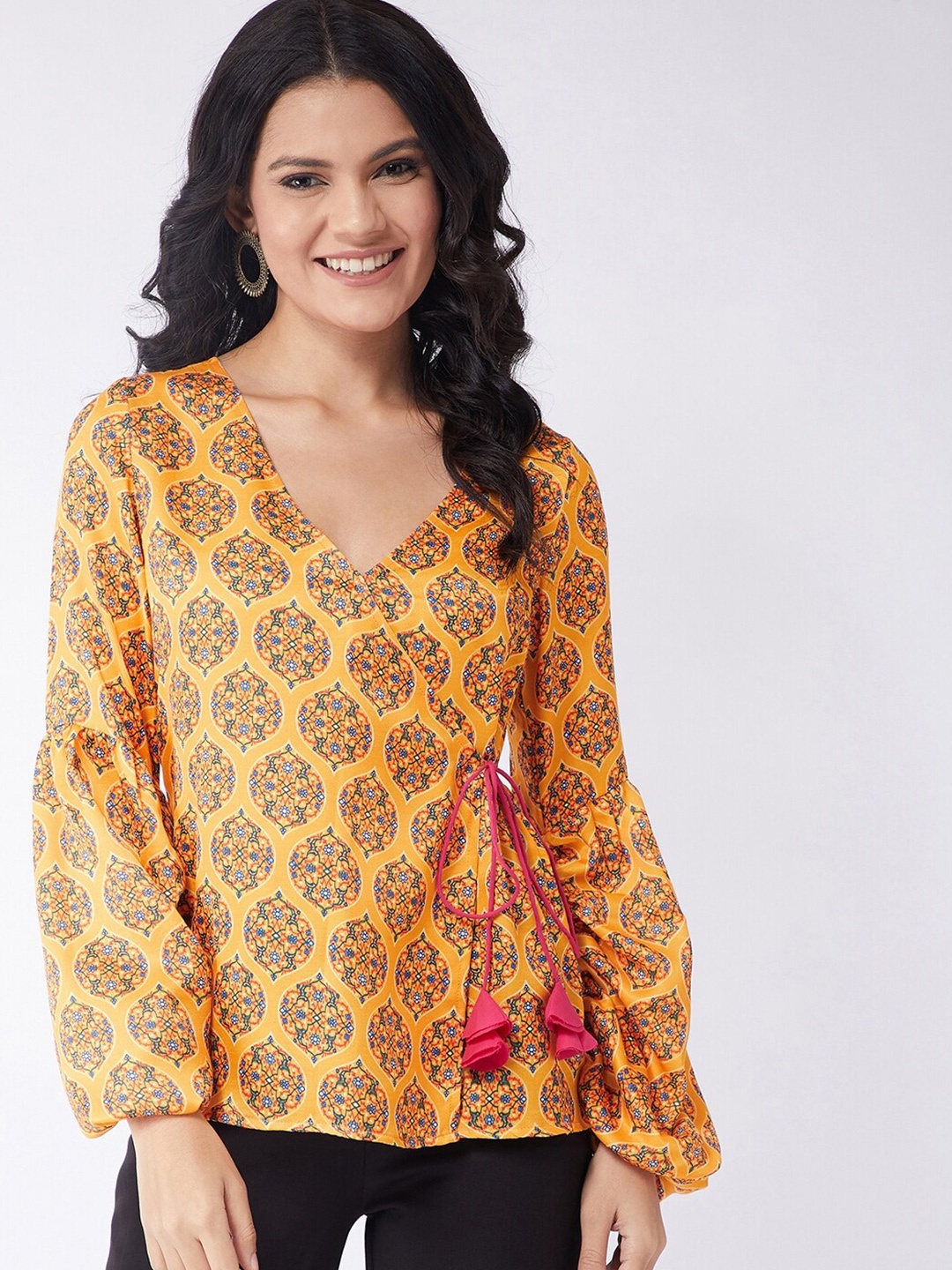 

Pannkh Women Yellow Printed Wrap Top